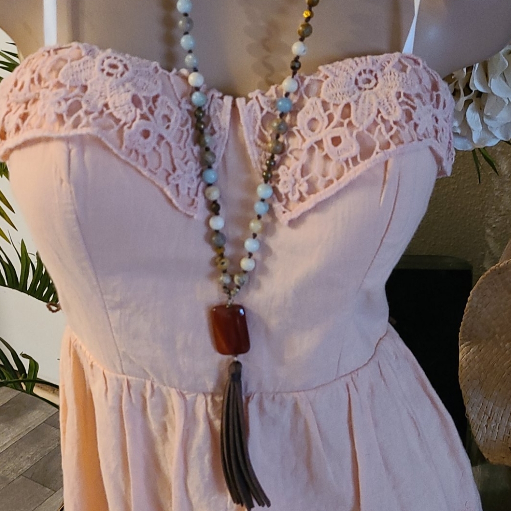 SALE PEACH EMBROIDERED MINI FLOWER LACE DRESS - Picture 5 of 16